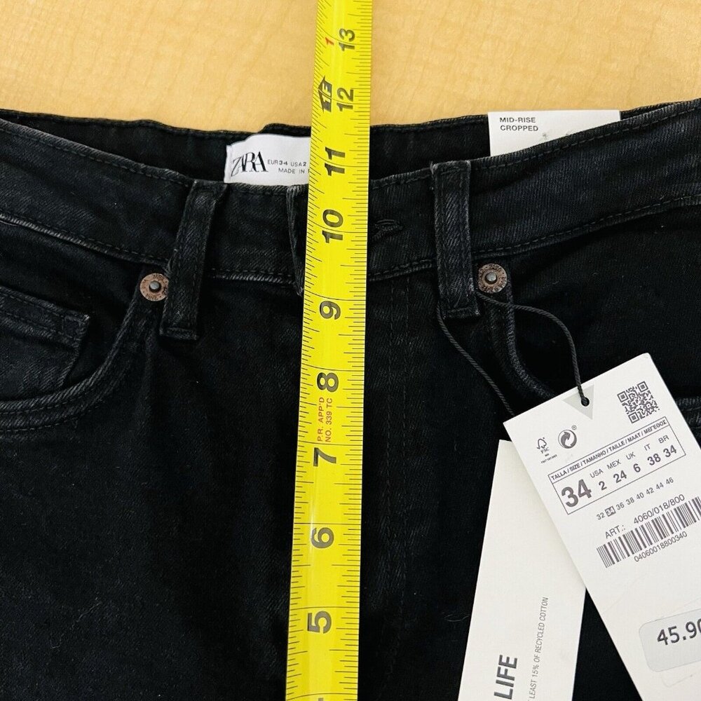 NWT ZARA Women Black Denim Cropped Jeans Sz 2 Flare Leg Mid Rise Raw Hem Stretch - Picture 10 of 11